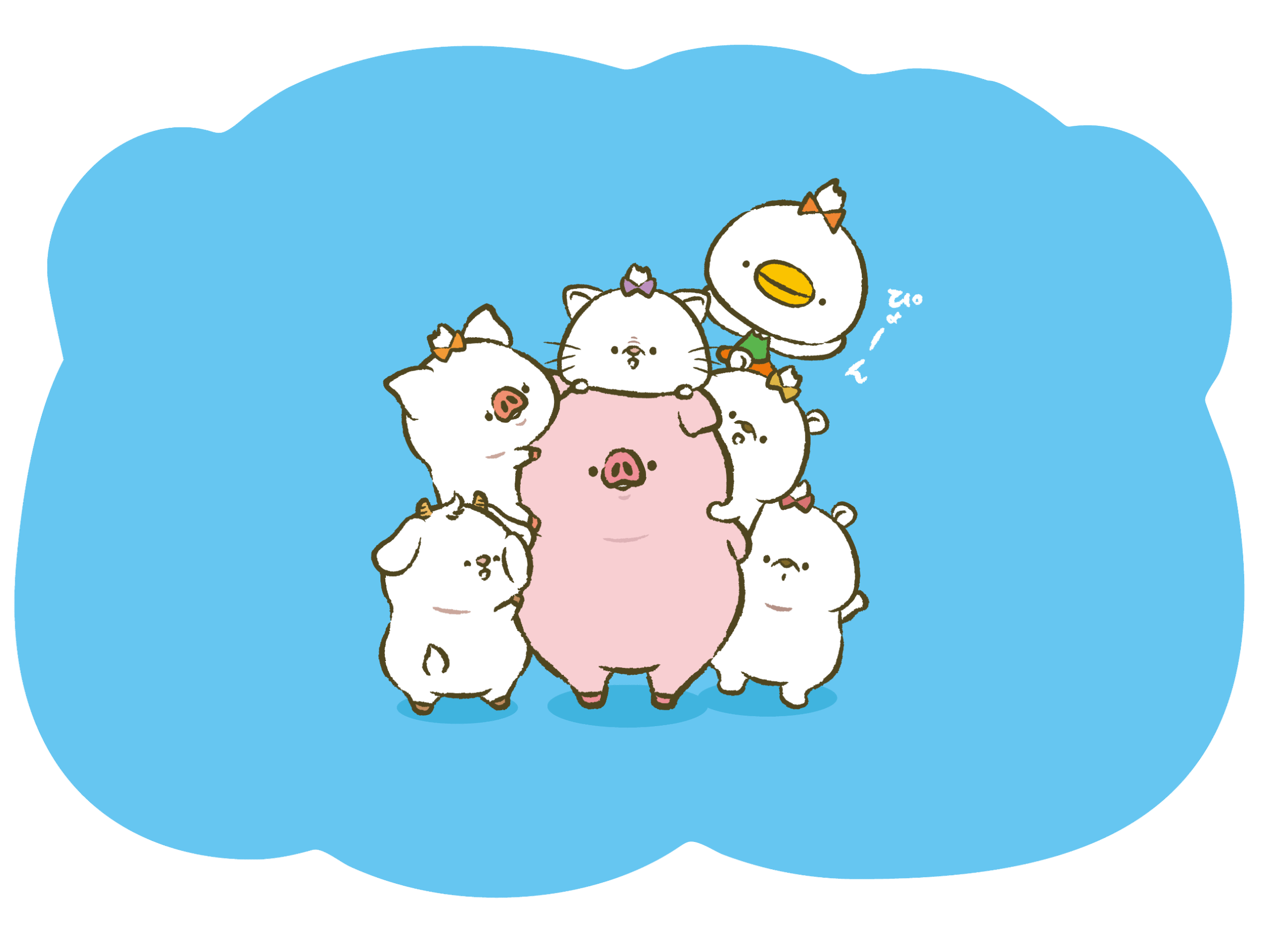 トン野さんの周りで、ましろさん、ちぴよ、くまがいきょうだい、みやぎさん、ねことさんが顔を出している集合イラスト